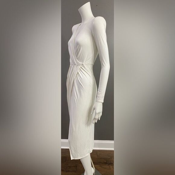 Good American Nude/Taupe Strong Shoulder Wrap Dress Plunging V-Neck Size 0 - Picture 6 of 11